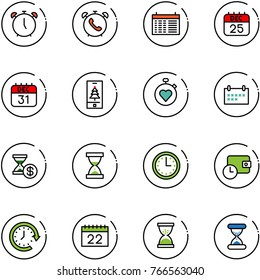 line vector icon set - alarm clock vector, phone, schedule, 25 dec calendar, 31, christmas mobile, stopwatch heart, account history, sand, time, wallet, around
