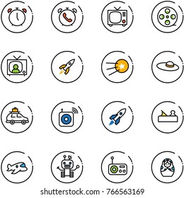 line vector icon set - alarm clock vector, phone, tv, film coil, news, rocket, first satellite, woman hat, car baggage, wireless speaker, jointer, plane toy, robot, radio, russian doll