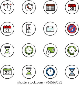 line vector icon set - alarm clock vector, phone, schedule, 25 dec calendar, 31, christmas mobile, no parking even road sign, sand, time, wallet, around