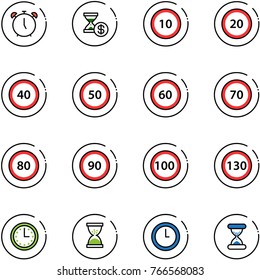 line vector icon set - alarm clock vector, account history, speed limit 10 road sign, 20, 40, 50, 60, 70, 80, 90, 100, 130, time, sand