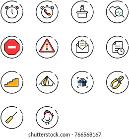 line vector icon set - alarm clock vector, phone, recieptionist, heart diagnosis, no way road sign, traffic light, opened mail, history, stairs, tent, fingerprint scanner, side cutters, awl