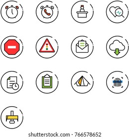 line vector icon set - alarm clock vector, phone, recieptionist, heart diagnosis, no way road sign, traffic light, opened mail, download cloud, history, clipboard, tent, fingerprint scanner