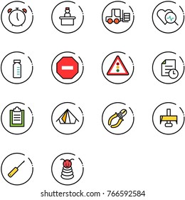 line vector icon set - alarm clock vector, recieptionist, fork loader, heart diagnosis, vial, no way road sign, traffic light, history, clipboard, tent, side cutters, milling cutter, awl