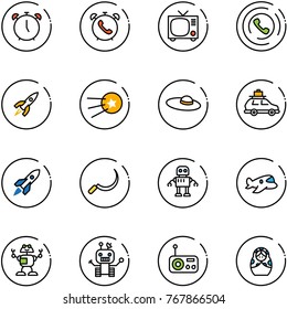 line vector icon set - alarm clock vector, phone, tv, horn, rocket, first satellite, woman hat, car baggage, sickle, robot, plane toy, radio, russian doll