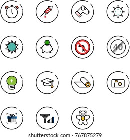 line vector icon set - alarm clock vector, firework rocket, dog, virus, sun, piggy bank, no left turn road sign, end speed limit, idea, graduate hat, mat, photo, fingerprint scanner, fine signal