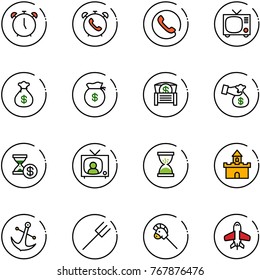 line vector icon set - alarm clock vector, phone, tv, money bag, chest, encashment, account history, news, sand, fort, anchor, farm fork, horse stick toy, plane