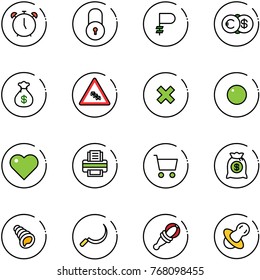 line vector icon set - alarm clock vector, lock, ruble, euro dollar, money bag, multi lane traffic road sign, delete cross, record, heart, printer, cart, shell, sickle, beanbag, soother