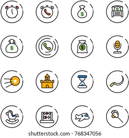 line vector icon set - alarm clock vector, phone, money bag, chest, horn, microphone, first satellite, sand fort, sickle, rocking horse, abacus, plane toy, stick
