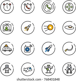 line vector icon set - alarm clock vector, phone, horn, film coil, tv news, rocket, first satellite, woman hat, car baggage, wireless speaker, sickle, robot, plane toy
