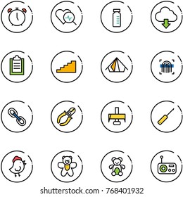 line vector icon set - alarm clock vector, heart diagnosis, vial, download cloud, clipboard, stairs, tent, fingerprint scanner, link, side cutters, milling cutter, awl, chicken toy, bear, radio