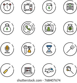 line vector icon set - alarm clock vector, tv, money bag, chest, phone horn, news, microphone, ship bell, sand, farm fork, awl, abacus, plane toy, horse stick