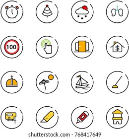 line vector icon set - alarm clock vector, christmas tree, snowfall, lungs, speed limit 100 road sign, hand cursor, doors, home dollar, crown, beach, sail boat, hoe, jig saw, work knife, marker