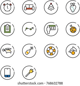 line vector icon set - alarm clock vector, vip waiting area, christmas tree, heart, clipboard, chart point arrow, presentation, moon flag, helicopter, fizz opening, lifebuoy, dolphin, mobile phone