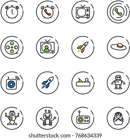 line vector icon set - alarm clock vector, phone, tv, horn, film coil, news, rocket, woman hat, wireless speaker, jointer, robot, radio, russian doll