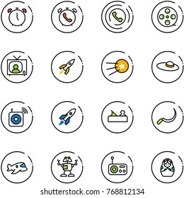 line vector icon set - alarm clock vector, phone, horn, film coil, tv news, rocket, first satellite, woman hat, wireless speaker, jointer, sickle, plane toy, robot, radio, russian doll