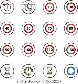 line vector icon set - alarm clock vector, phone, speed limit 10 road sign, 30, 40, 50, 70, 80, 90, 100, 110, 130, sand, around
