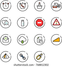 line vector icon set - alarm clock vector, phone, recieptionist, fork loader, heart diagnosis, vial, no way road sign, traffic light, opened mail, download cloud, history, stairs, tent, link