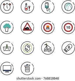 line vector icon set - alarm clock vector, wine, drop counter, basketball ball, broccoli, steep descent road sign, no dangerous cargo, speed limit 10, basket, dollar, sail boat, usb wi fi, monitor