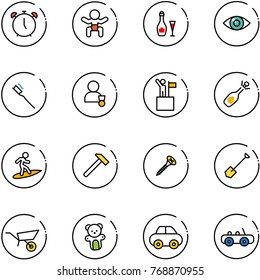 line vector icon set - alarm clock vector, baby, wine, eye, tooth brush, winner, win, fizz opening, surfing, hammer, screw, shovel, wheelbarrow, bear toy, car