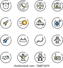 line vector icon set - alarm clock vector, phone horn, film coil, tv news, rocket, first satellite, car baggage, wireless speaker, jointer, sickle, robot, plane toy, radio