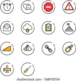 line vector icon set - alarm clock vector, heart diagnosis, no way road sign, traffic light, opened mail, download cloud, clipboard, pyramid flag, stairs, tent, link, side cutters, milling cutter