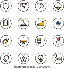 line vector icon set - alarm clock vector, phone, heart diagnosis, download cloud, clipboard, pyramid flag, stairs, fingerprint scanner, side cutters, milling cutter, laser lever, toy, chicken, bear