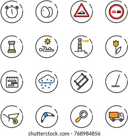line vector icon set - alarm clock vector, eggs, car crash road sign, no overtake, chess tower, reading, lighthouse, tulip, terms plan, snow, bucksaw, rake, wheelbarrow, boomerang, beanbag