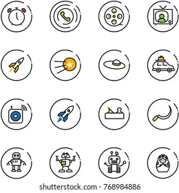 line vector icon set - alarm clock vector, phone horn, film coil, tv news, rocket, first satellite, woman hat, car baggage, wireless speaker, jointer, sickle, robot, russian doll
