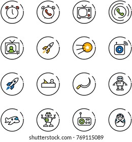 line vector icon set - alarm clock vector, phone, tv, horn, news, rocket, first satellite, wireless speaker, jointer, sickle, robot, plane toy, radio, russian doll