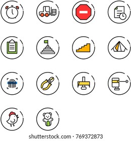 line vector icon set - alarm clock vector, fork loader, no way road sign, history, clipboard, pyramid flag, stairs, tent, fingerprint scanner, side cutters, milling cutter, laser lever, chicken toy