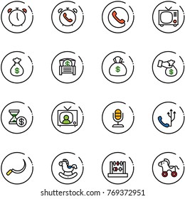 line vector icon set - alarm clock vector, phone, tv, money bag, chest, encashment, account history, news, microphone, sickle, rocking horse, abacus, wheel