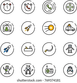line vector icon set - alarm clock vector, phone, horn, film coil, tv news, rocket, first satellite, car baggage, jointer, sickle, robot, radio, russian doll
