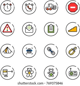 line vector icon set - alarm clock vector, phone, fork loader, no way road sign, traffic light, opened mail, clipboard, stairs, tent, fingerprint scanner, link, side cutters, laser lever, bear toy