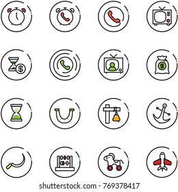 line vector icon set - alarm clock vector, phone, tv, account history, horn, news, money bag, sand, luck, ship bell, anchor, sickle, abacus, wheel horse, toy plane