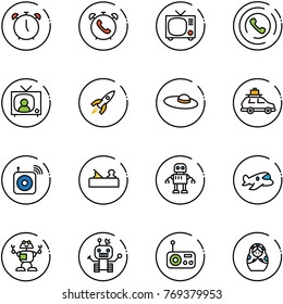 line vector icon set - alarm clock vector, phone, tv, horn, news, rocket, woman hat, car baggage, wireless speaker, jointer, robot, plane toy, radio, russian doll