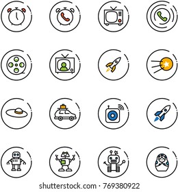 line vector icon set - alarm clock vector, phone, tv, horn, film coil, news, rocket, first satellite, woman hat, car baggage, wireless speaker, robot, russian doll