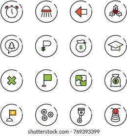 line vector icon set - alarm clock vector, shower, left arrow, holly, merry christmas message, ruble, money bag, graduate hat, delete cross, flag, puzzle, flower, piston, pyramid toy