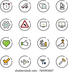line vector icon set - alarm clock vector, trap truck, heart diagnosis, lab, gear, multi lane traffic road sign, monitor cursor, like, career, success, check, plane, no signal, hammer