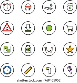 line vector icon set - alarm clock vector, shower, drop hand, money bag, round motion road sign, download, record, cart, puzzle, luck, starfish, ruler, allen key, beanbag