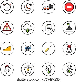 line vector icon set - alarm clock vector, phone, fork loader, no way road sign, traffic light, download cloud, history, pyramid flag, stairs, fingerprint scanner, awl, toy, chicken, bear
