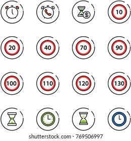 line vector icon set - alarm clock vector, phone, account history, speed limit 10 road sign, 20, 40, 70, 90, 100, 110, 120, 130, sand, time