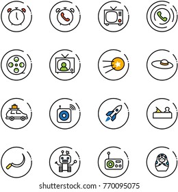 line vector icon set - alarm clock vector, phone, tv, horn, film coil, news, first satellite, woman hat, car baggage, wireless speaker, rocket, jointer, sickle, robot, radio, russian doll