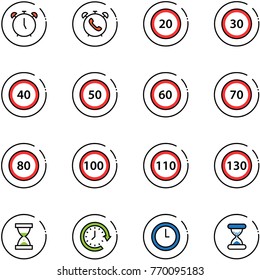 line vector icon set - alarm clock vector, phone, speed limit 20 road sign, 30, 40, 50, 60, 70, 80, 100, 110, 130, sand, around