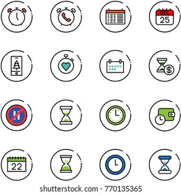 line vector icon set - alarm clock vector, phone, schedule, 25 dec calendar, christmas mobile, stopwatch heart, account history, no parking even road sign, sand, time, wallet