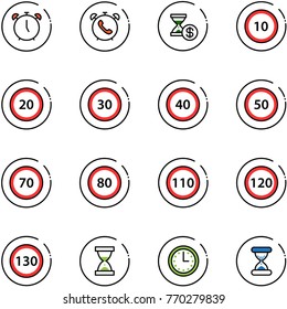 line vector icon set - alarm clock vector, phone, account history, speed limit 10 road sign, 20, 30, 40, 50, 70, 80, 110, 120, 130, sand, time