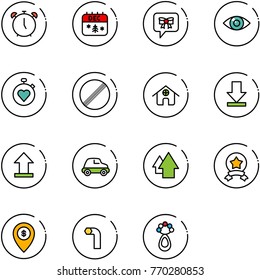 line vector icon set - alarm clock vector, christmas calendar, bow message, eye, stopwatch heart, no limit road sign, home, download, uplooad, car, arrow up, star medal, atm map pin, allen key