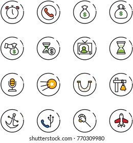line vector icon set - alarm clock vector, phone, money bag, encashment, account history, tv news, sand, microphone, first satellite, luck, ship bell, anchor, horse stick toy, plane
