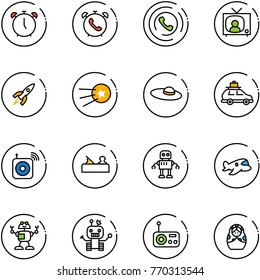 line vector icon set - alarm clock vector, phone, horn, tv news, rocket, first satellite, woman hat, car baggage, wireless speaker, jointer, robot, plane toy, radio, russian doll