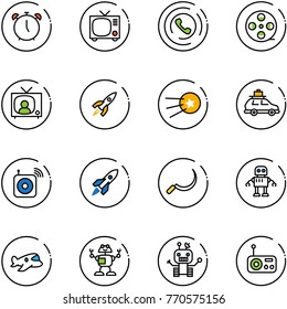 line vector icon set - alarm clock vector, tv, phone horn, film coil, news, rocket, first satellite, car baggage, wireless speaker, sickle, robot, plane toy, radio