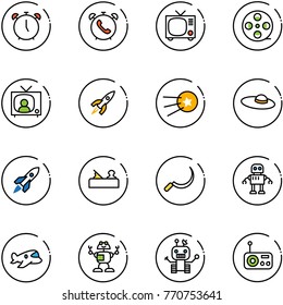 line vector icon set - alarm clock vector, phone, tv, film coil, news, rocket, first satellite, woman hat, jointer, sickle, robot, plane toy, radio
